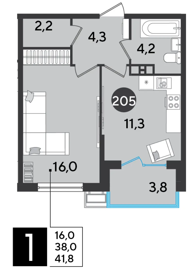 1-комн. 41.8 м²