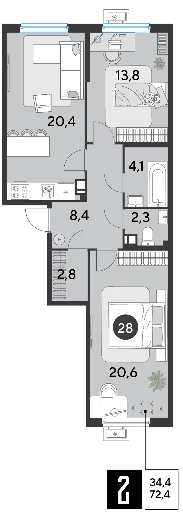 2-комн. 72.4 м²