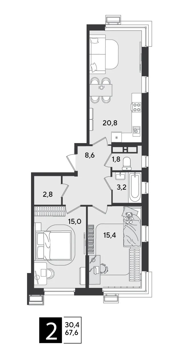 2-комн. 67.6 м²