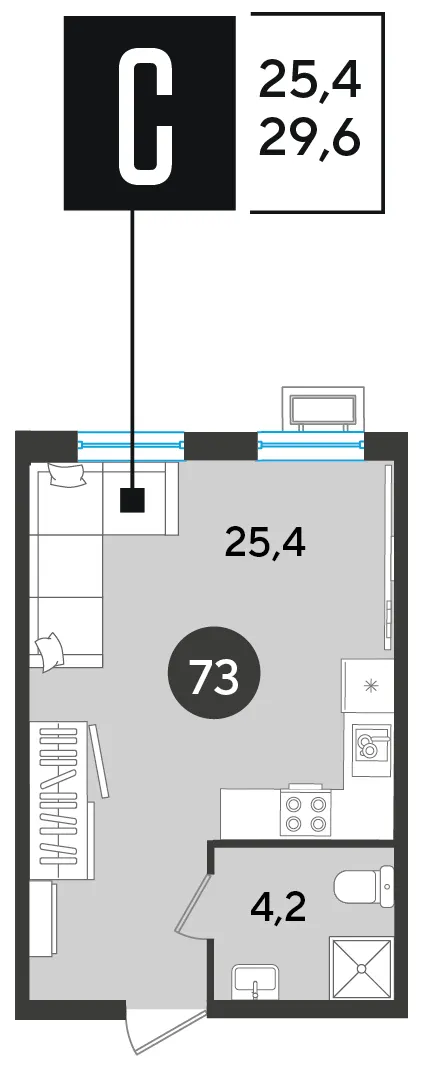 Студия 29.6 м²