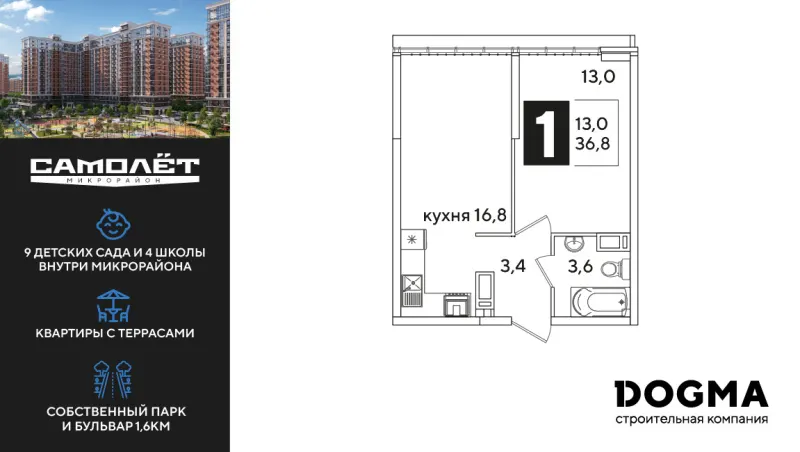 1-комн. 36.8 м²