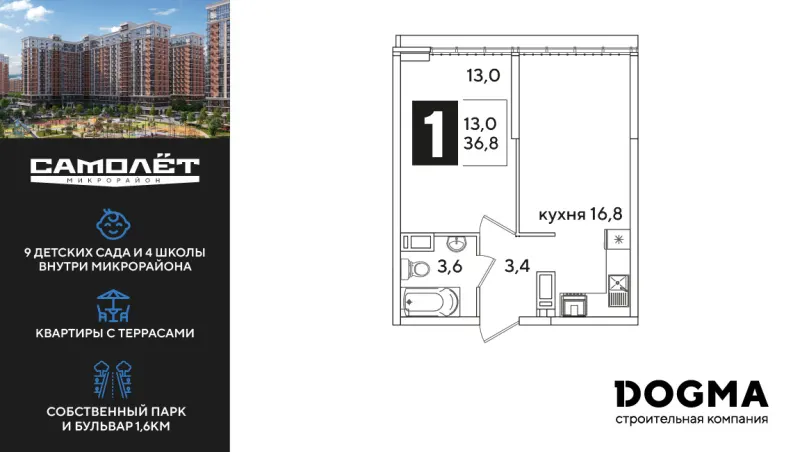 1-комн. 36.8 м²