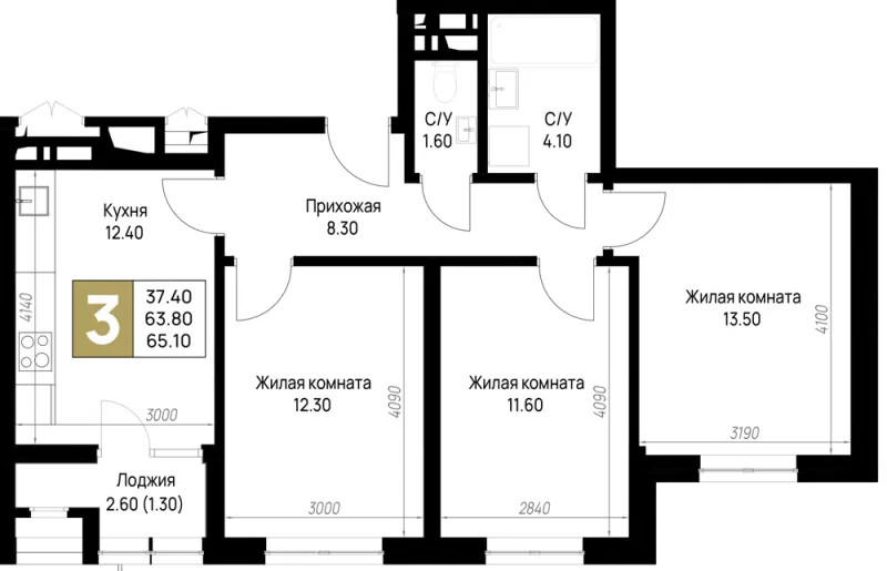 3-комн. 65.1 м²