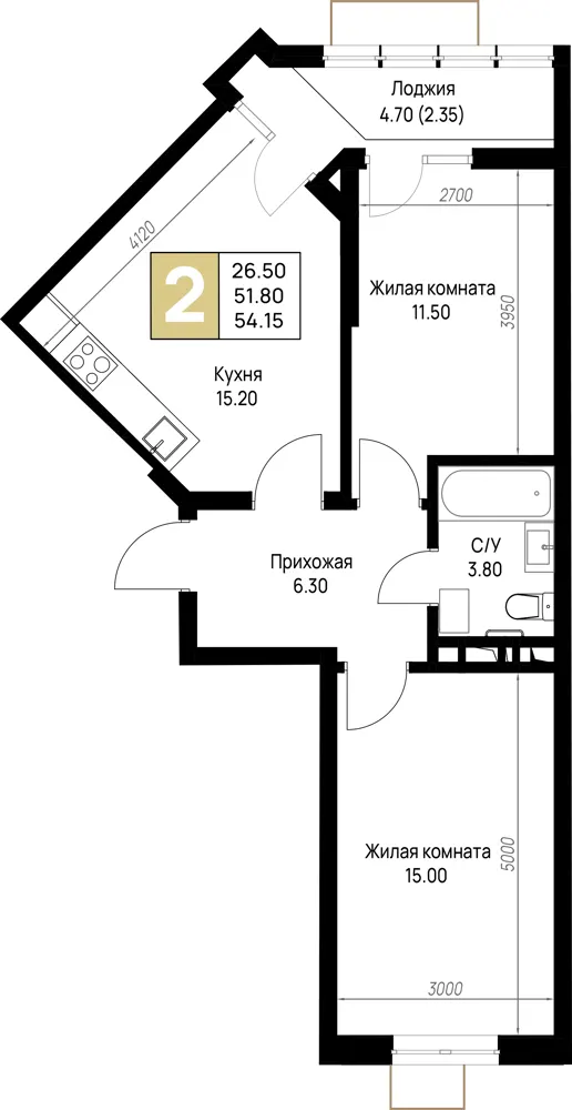 2-комн. 54.2 м²