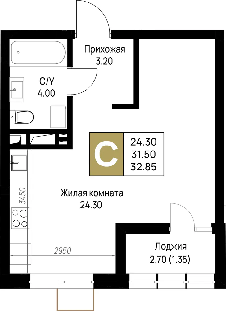 Студия 32.9 м²