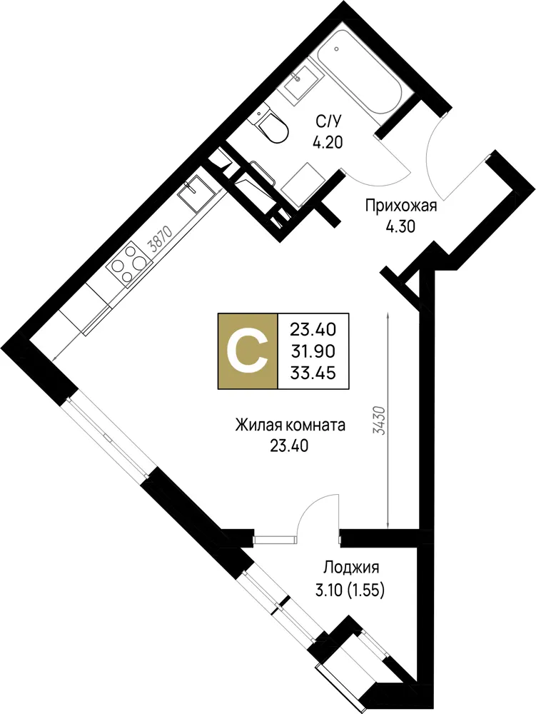 Студия 33.5 м²