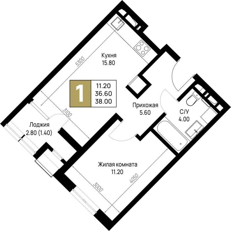 1-комн. 38 м²