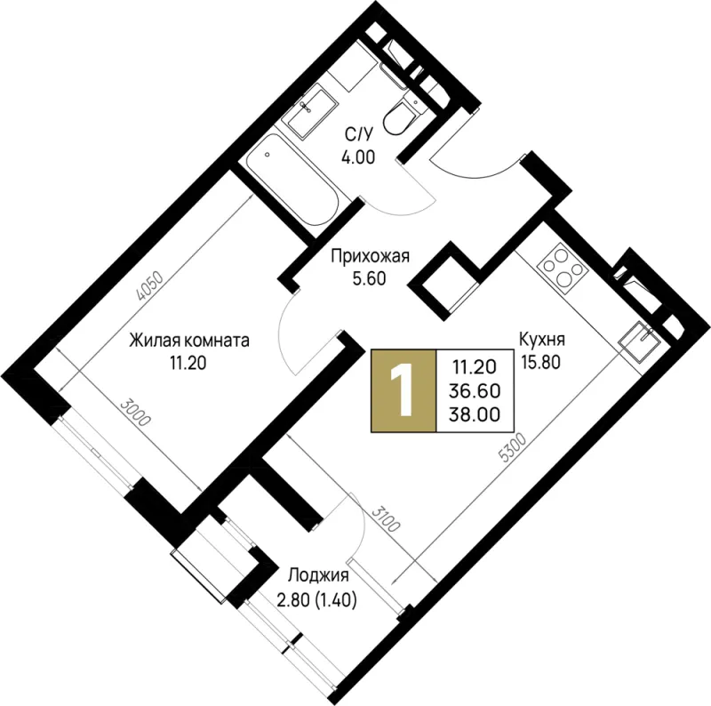 1-комн. 38 м²