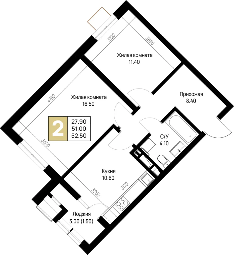 2-комн. 52.5 м²