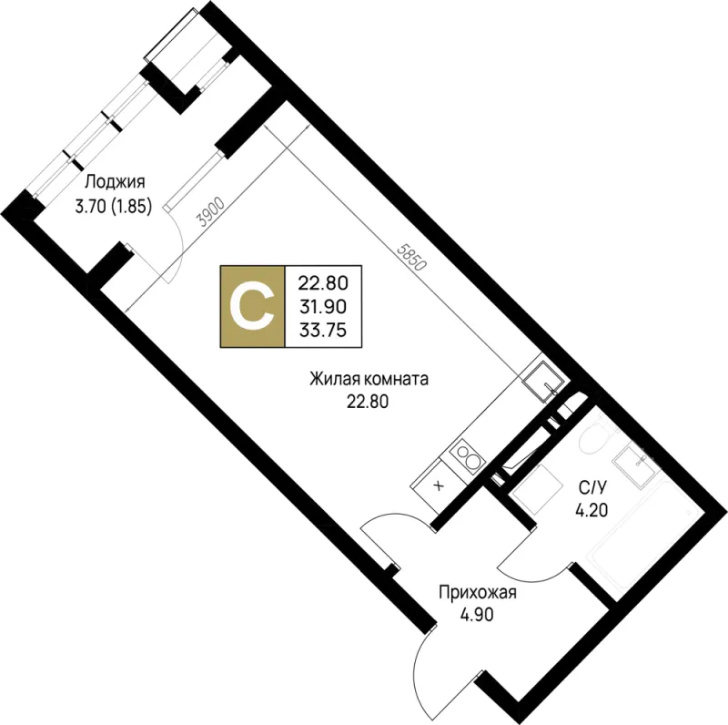 Студия 33.8 м²