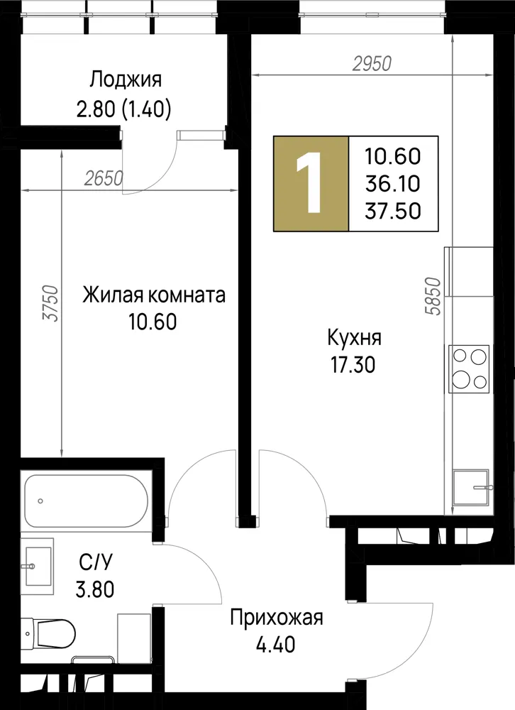1-комн. 37.5 м²