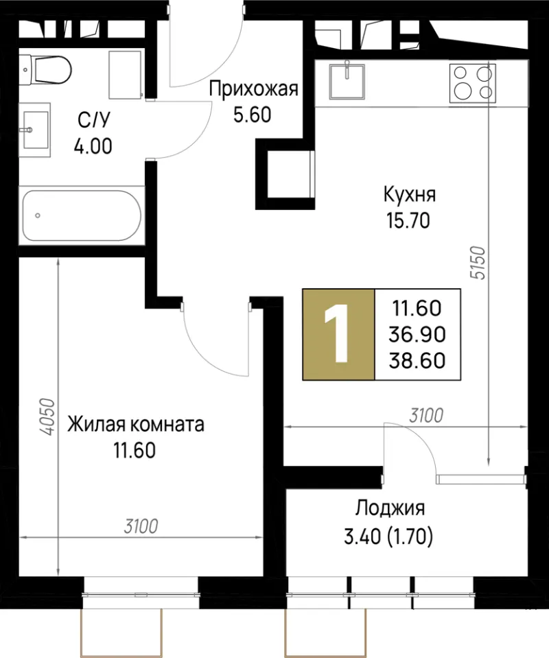 1-комн. 38.6 м²