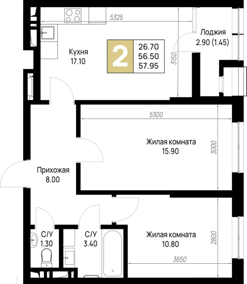 2-комн. 58 м²