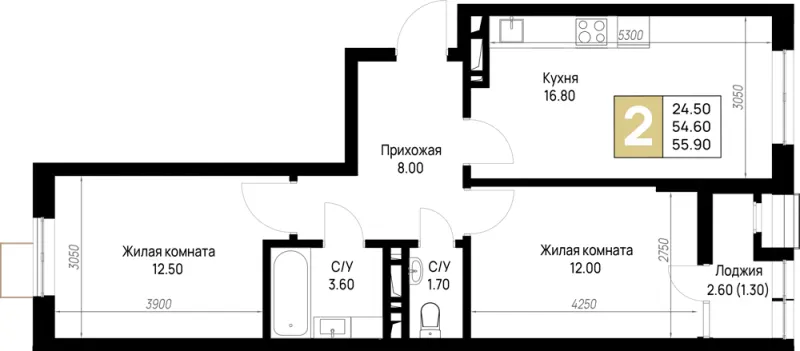 2-комн. 55.9 м²