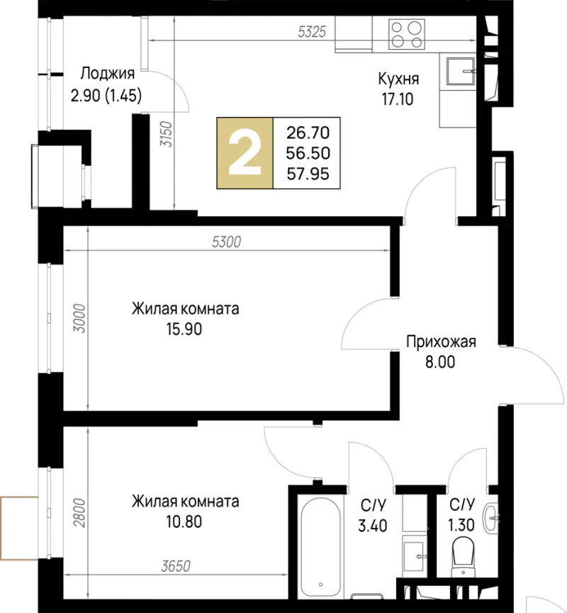 2-комн. 58 м²