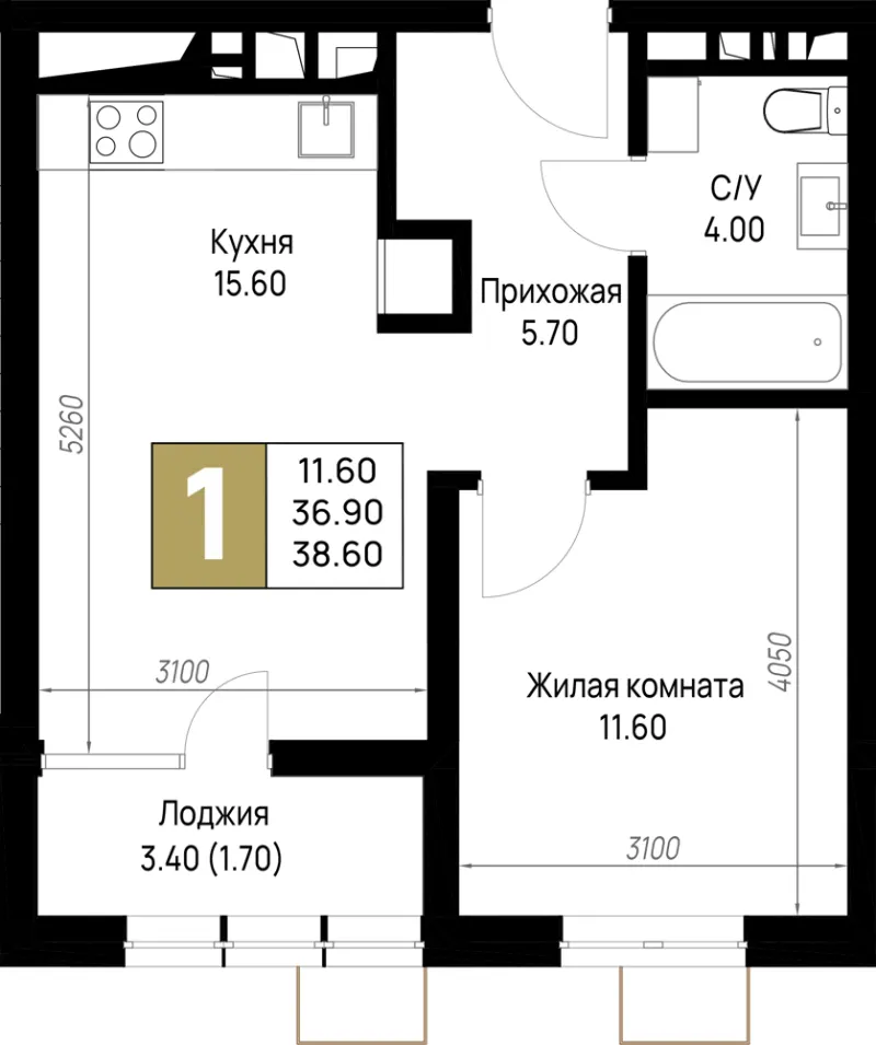 1-комн. 38.6 м²