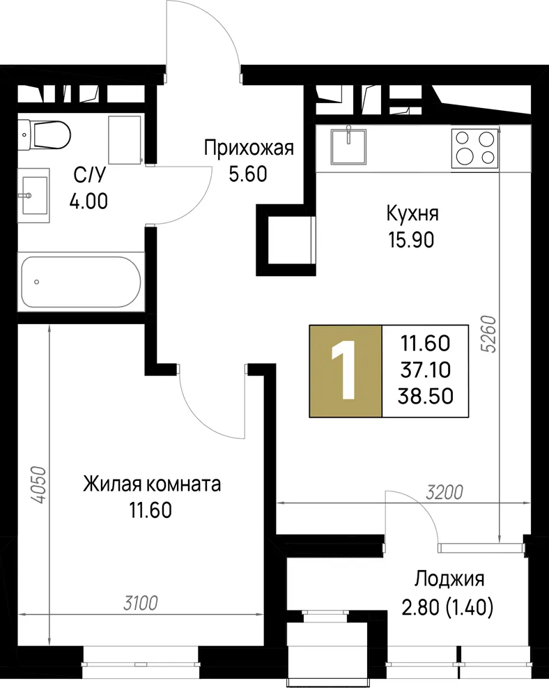 1-комн. 38.5 м²