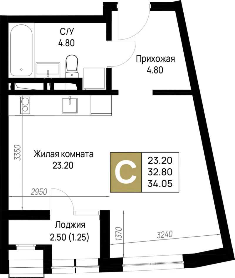 Студия 34.1 м²