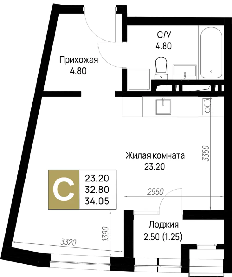 Студия 34.1 м²