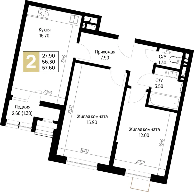 2-комн. 57.6 м²