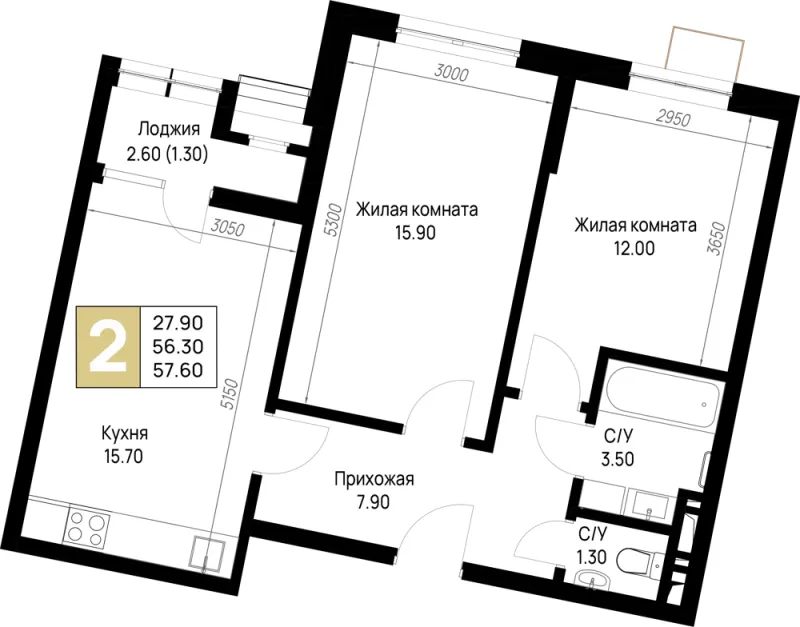 2-комн. 57.6 м²