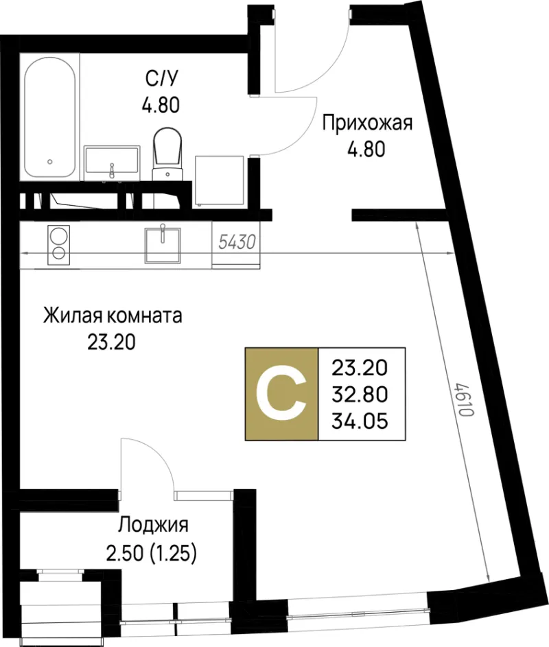 Студия 34.1 м²