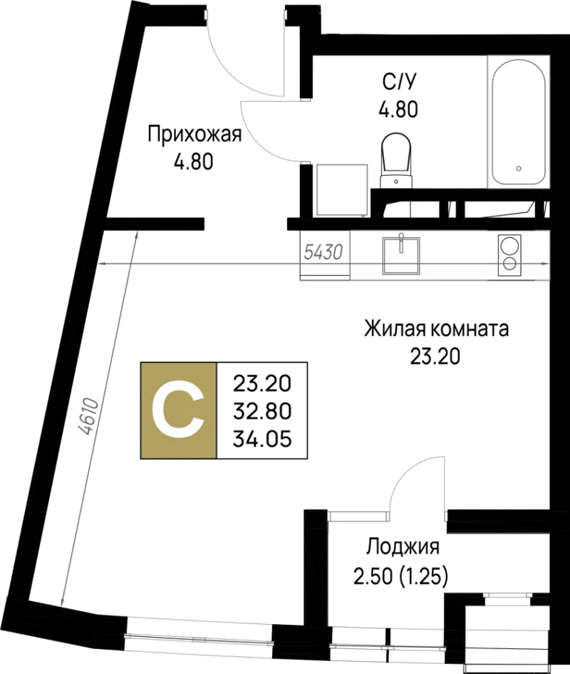 Студия 34.1 м²