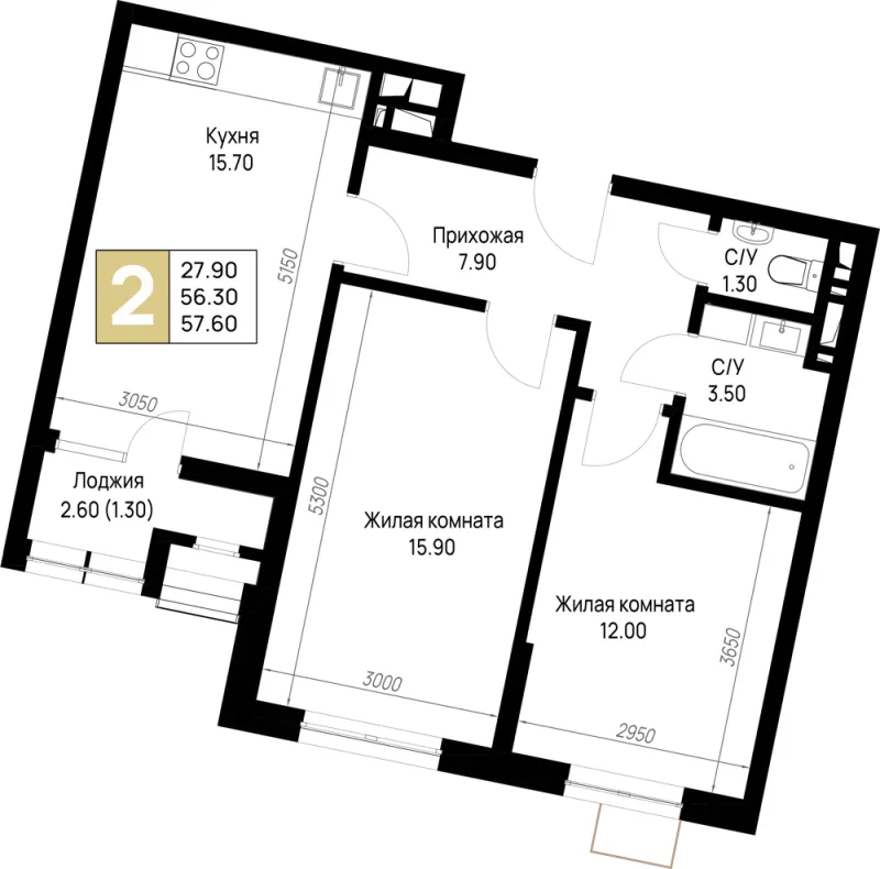 2-комн. 57.6 м²