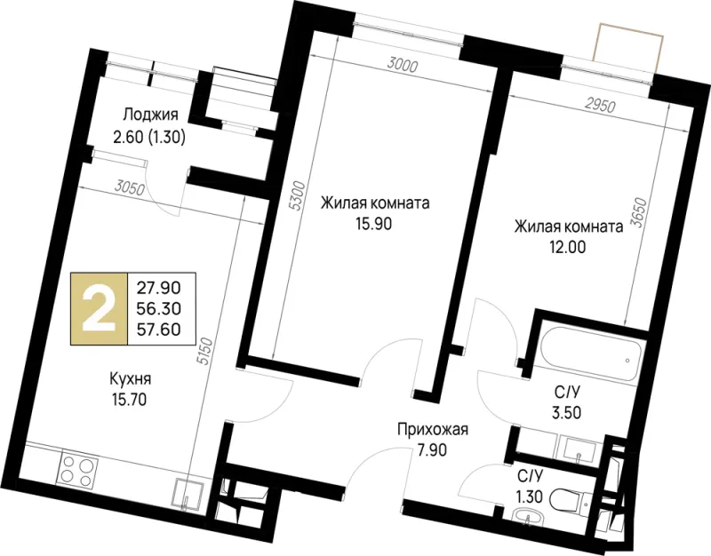 2-комн. 57.6 м²