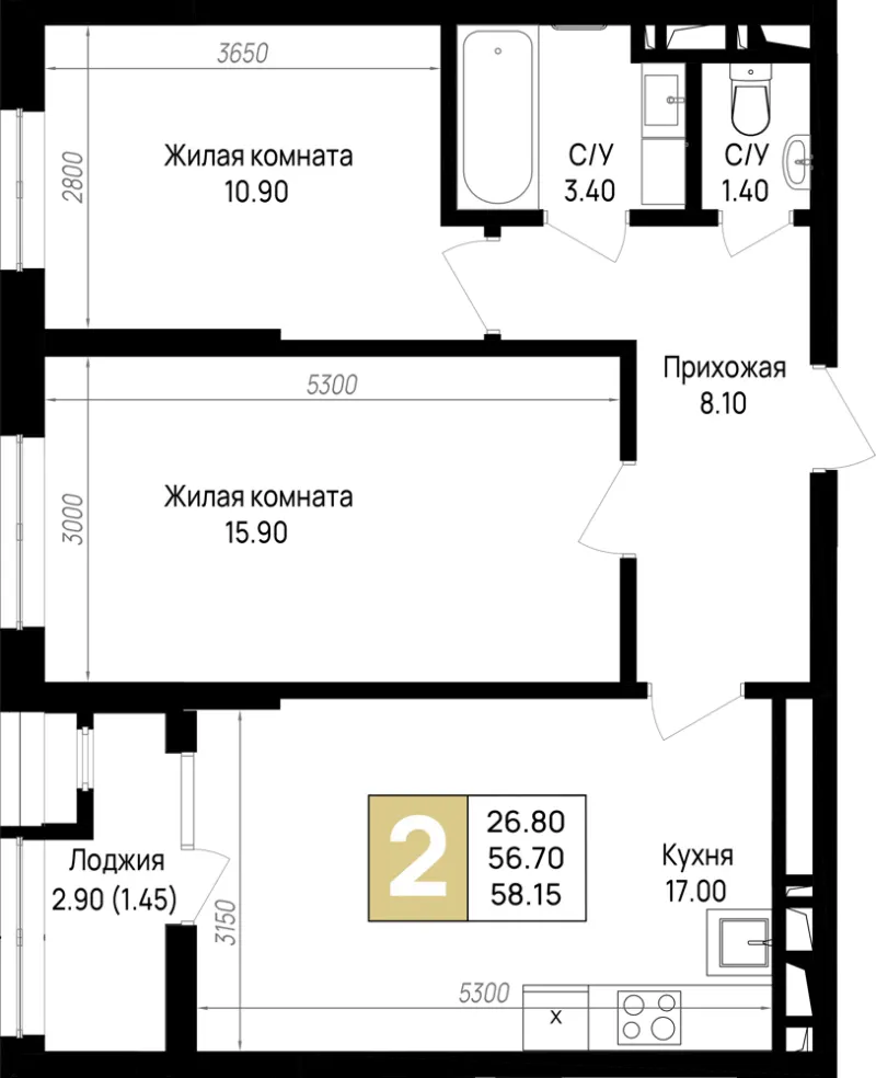 2-комн. 58.2 м²