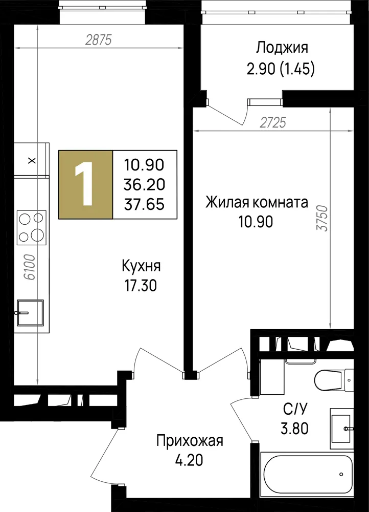 1-комн. 37.7 м²