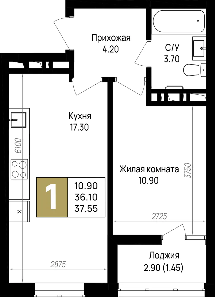 1-комн. 37.6 м²