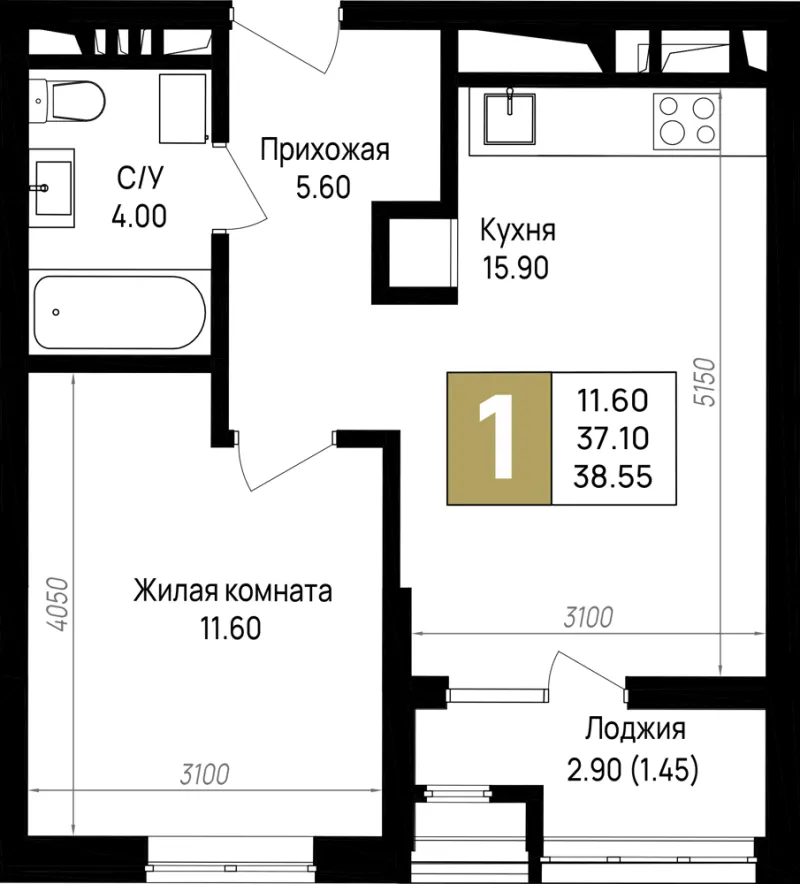 1-комн. 38.6 м²