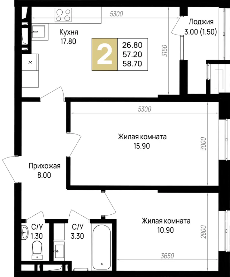 2-комн. 58.7 м²