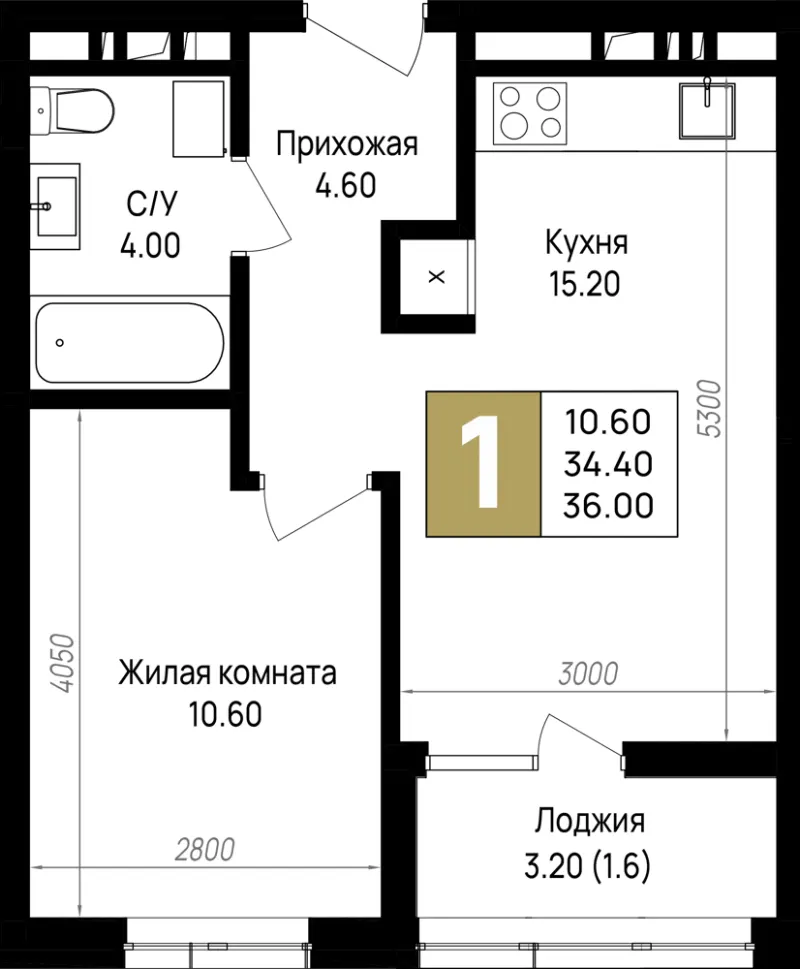 1-комн. 36 м²