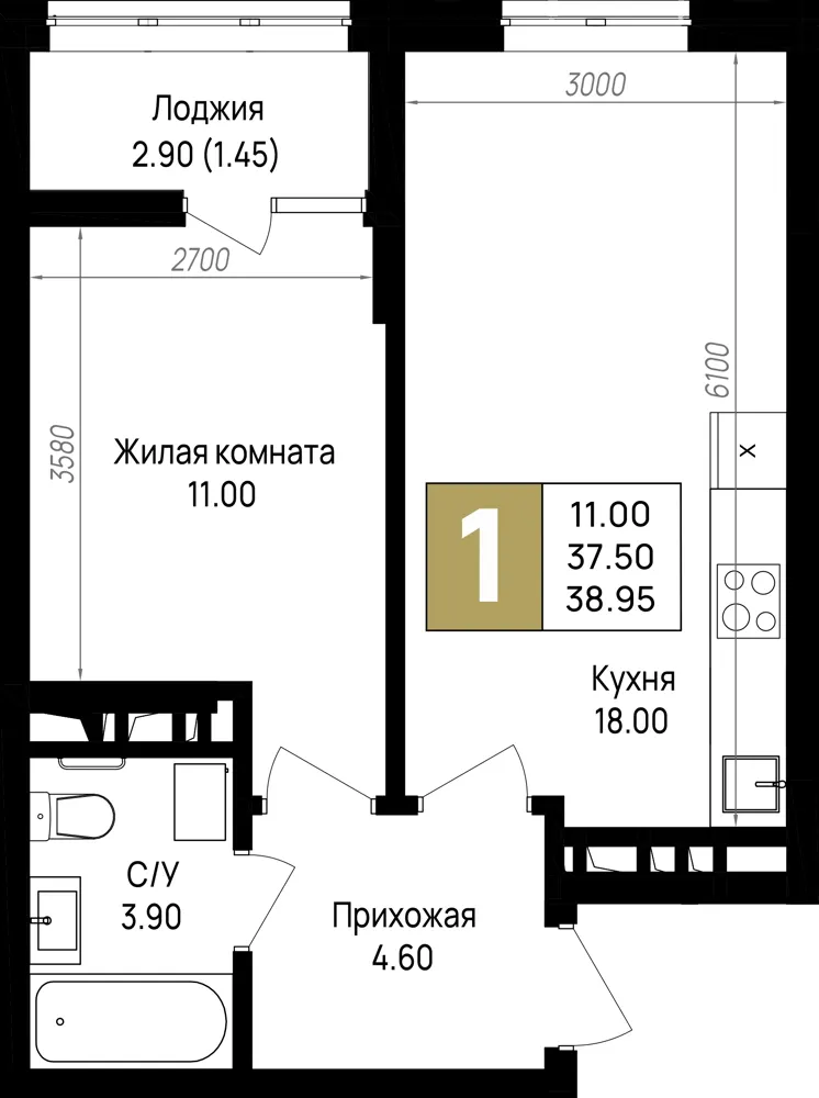 1-комн. 39 м²