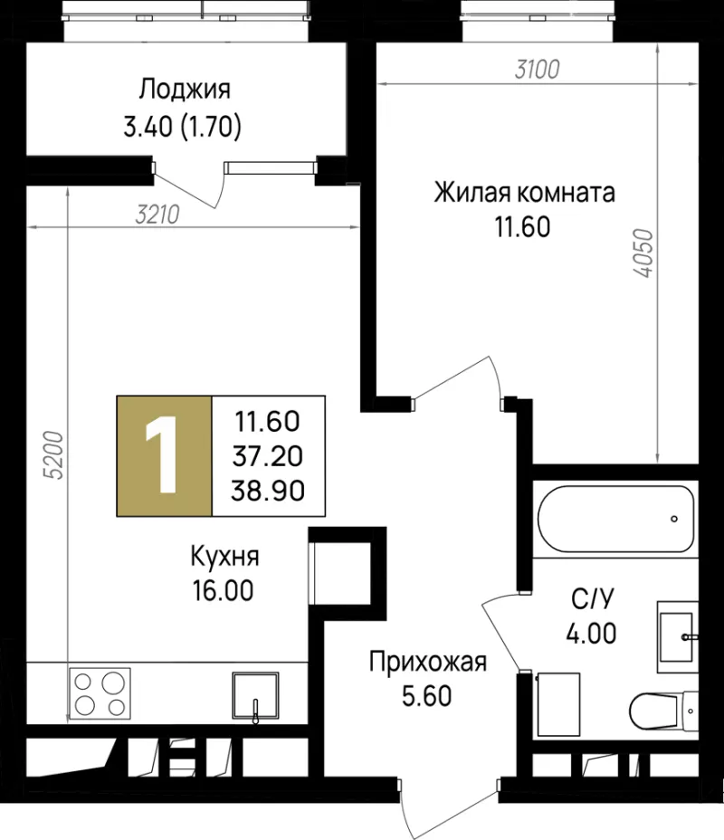 1-комн. 38.9 м²