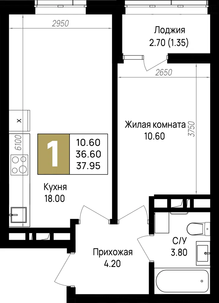 1-комн. 38 м²