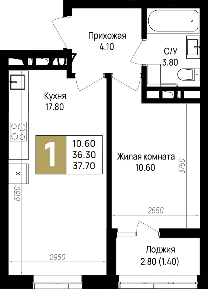 1-комн. 37.7 м²