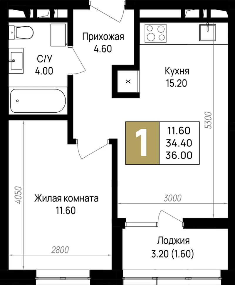 1-комн. 36 м²