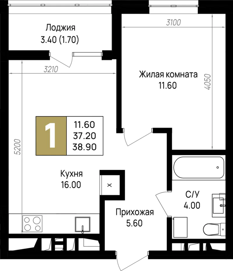 1-комн. 38.9 м²
