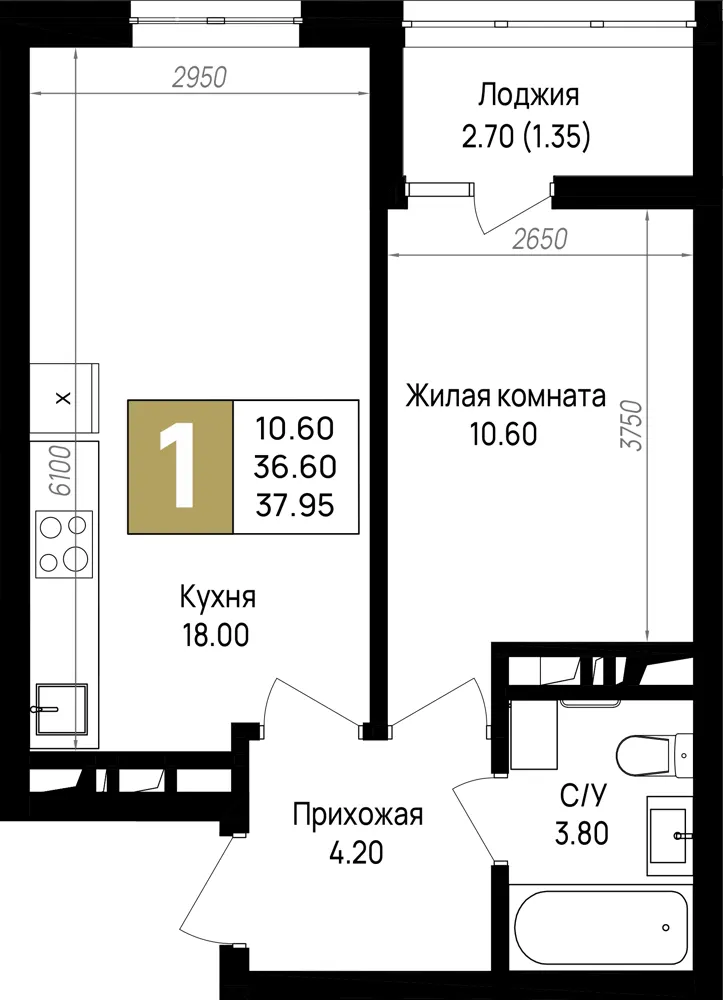 1-комн. 38 м²