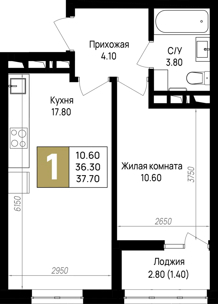 1-комн. 37.7 м²