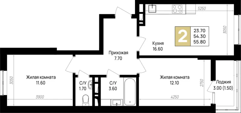2-комн. 55.9 м²