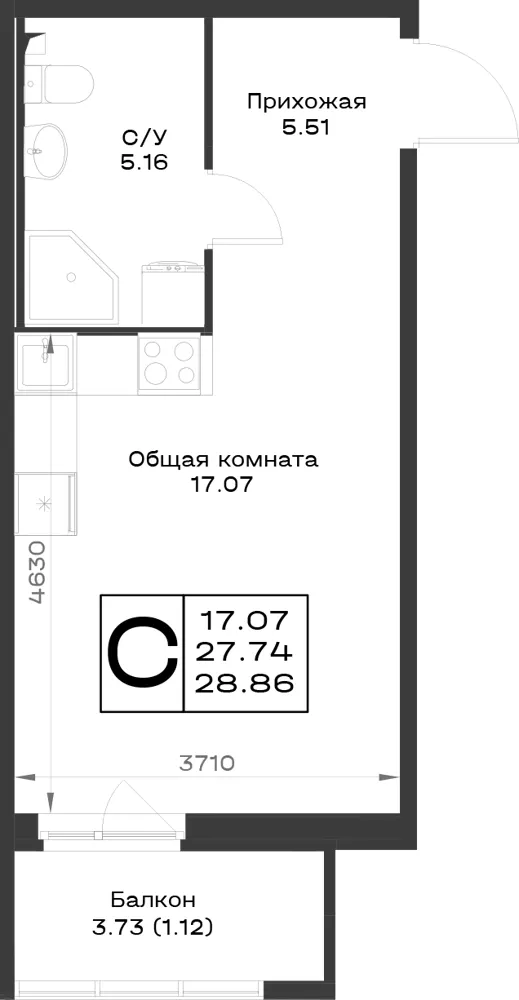 1-комн. 28.9 м²