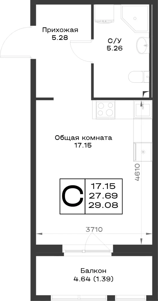 1-комн. 29.1 м²