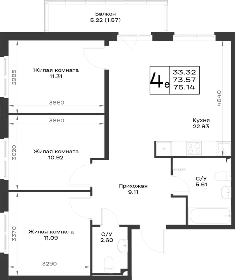 3-комн. 74.1 м²