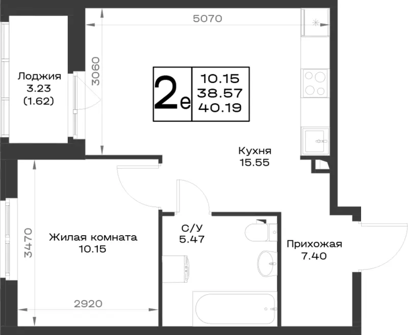 1-комн. 39.1 м²