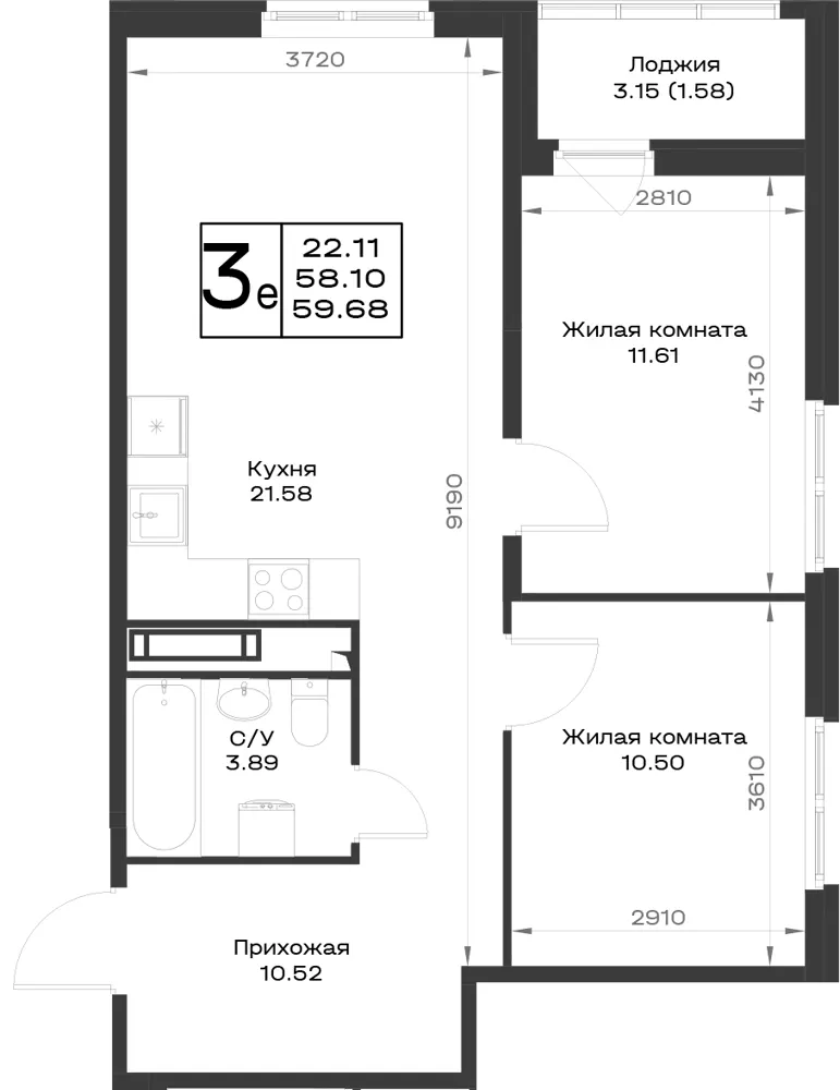 2-комн. 58.6 м²