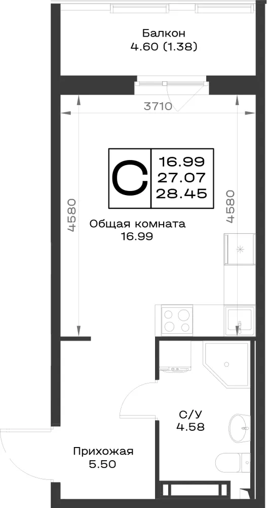1-комн. 28.5 м²